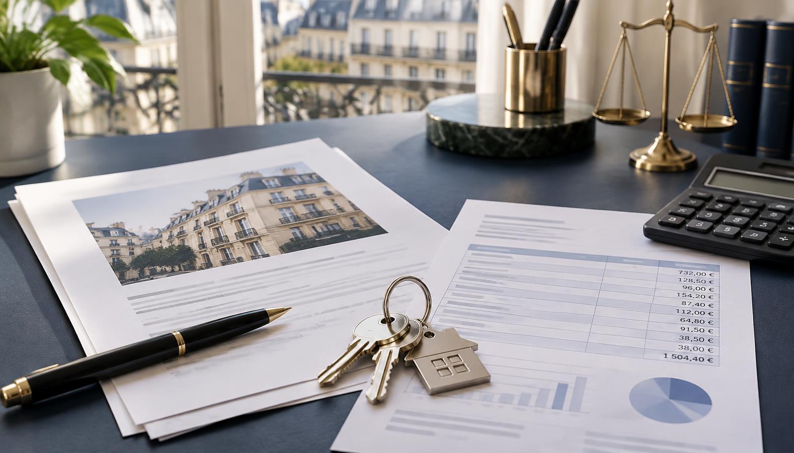 Décompte de charges locatives, contrat de location, calculatrice et clés d'un logement